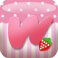 a pink cupcake with white polka dots and a strawberry on the side, in front of a striped background