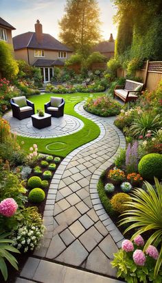 an outdoor garden with grass, flowers and chairs in the middle is shown at sunset