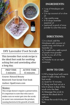 DIY Lavender Foot Scrub - Opal Crown Natural Pharmacy, Foot Scrub Recipe, Opal Crown, Foot Soak Recipe, Herbal Shop, Crown Diy, Homemade Body Care, Diy Lavender, Product Ingredients