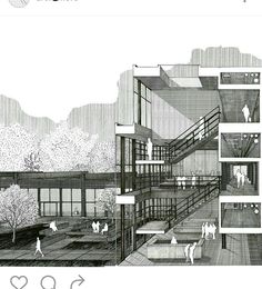 a black and white drawing of a building with people walking around the outside area, trees in the background