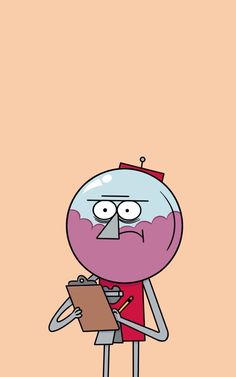 a cartoon character holding a clipboard in one hand and looking at the camera with an angry look on his face