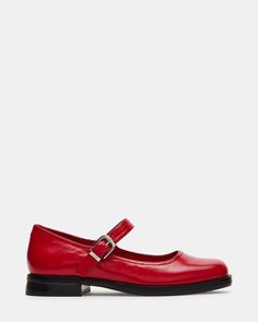 Red Leather Mary Janes With Low Heel, Red Leather Casual Mary Janes, Red Maryjanes, Red Closed Toe Mary Janes With Buckle Closure, Red Mary Janes With Buckle Closure And Round Toe, Red Leather Shoes, Red Flats, Leather Socks, Leather Mary Janes