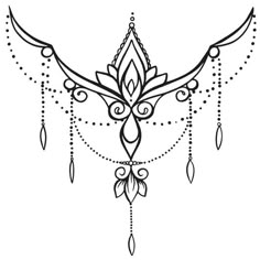 a black and white drawing of a bird with feathers on it's wings, surrounded by beads