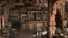 an old fashioned bar with wooden stools and barstools in a rustic style