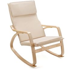 a wooden rocking chair with white leather upholstered