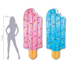 two ice cream pops with sprinkles on them, one is blue and the other is pink