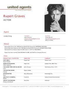 the acting sheet for rupert graves is shown in black and white, with an image of him