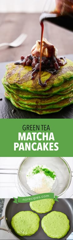 green tea matcha pancakes with syrup being poured on top and pancake in the middle