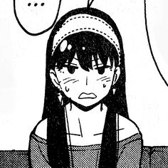 a girl with long black hair wearing a headband and an empty thought bubble above her