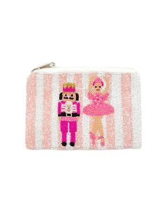 "This precious nutcracker inspired coin purse is  perfect for the Christmas season! 🎄 It is crafted with an assorted array of pink and white seed beads to create a unique coin pouch that is sure to turn heads! Approximately: 5\" x 3.5\"" Christmas Pouches, Ballet Gifts, Ballerina Design, Stripe Background, Baby Bubble Romper, Beaded Pouch, Baby Bubble, Nutcracker Ballet, Pink Ballerina