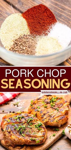 pork chop seasoning in a glass bowl on top of a cutting board with spices