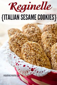 italian sesame cookies in a basket with text overlay