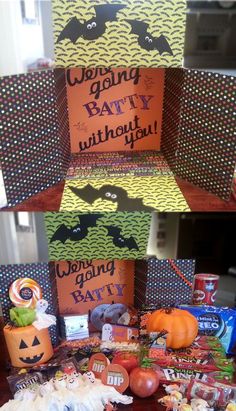 two boxes with candy and halloween decorations on them, one is for a batty birthday