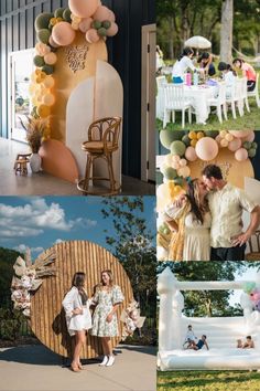 several photos of people at an outdoor event with balloons and decorations on the walls, in front of a building