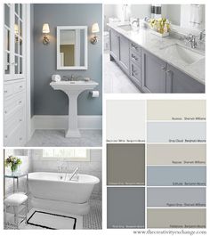 a bathroom with gray walls and white fixtures, including a tub, sink, mirror, and toilet