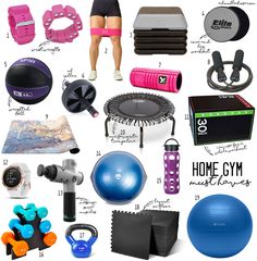 a collage of various items that include exercise equipment