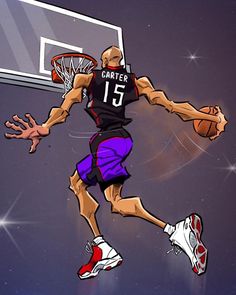 a drawing of a basketball player with the number 15 on his jersey and shoes is in mid air