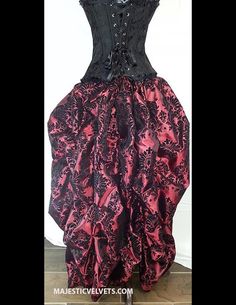 Corset: 20 grommets in back. Back lacing. 14 bones. Classic Victorian WINE AND BLACK damask pattern skirt is gathered in back to give a fabulous full look. Taffeta fabric. Can be worn down in front or you can tie it up to show your legs. (We sell the chains to give this look). Waistband is elastic. Message me at time of purchase with your exact size or bust/waist/height measurements for a better fit. FOR WAIST MEASUREMENT, MEASURE AT SKINNIEST PART OF YOUR WAIST, JUST ABOVE NAVEL. Halloween Larp Fitted Corset Dress, Black Steampunk Corset Dress For Cosplay, Black Steampunk Corset Dress For Halloween, Fitted Gothic Cosplay Costume, Punk Style Overbust Corset Dress For Cosplay, Punk Style Fitted Corset Dress For Costume Party, Fitted Punk Corset Dress For Costume Party, Steampunk Black Corset Dress For Costume, Black Steampunk Corset Dress For Costume Party