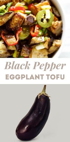 eggplant tofu with black pepper and peppers in a white bowl