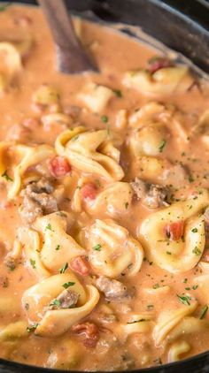 a pot filled with pasta and meat sauce