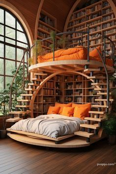 a bedroom with a spiral bed and bookshelf in the corner, surrounded by large windows