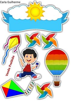 the boy is flying his kite in the sky with many other things around him and there are