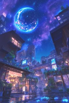 an anime scene with the moon in the sky and some buildings on the other side