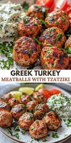 greek turkey meatballs with tzatzziki on a white plate and in the background