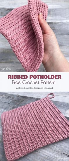 a pink knitted potholder is shown with the text, ribbed pot holder free crochet pattern