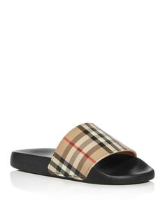 Burberry Women's Furley Vintage Check Slide Sandals Burberry Slides, Burberry Espadrilles, Designer Slides Women, Luxury Slides, Cute Slides, Dr Shoes, Slides Women, Burberry Shoes, Slides Sandals