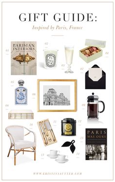 the gift guide for paris france with pictures and other things to put on it, including coffee