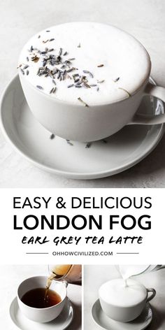 the london fog tea latte is served in white cups and saucers