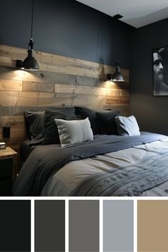 a bedroom with gray walls and wooden headboard