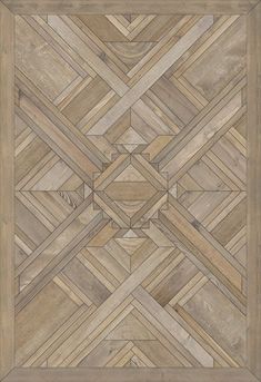 a wood floor with an intricate design in the center and bottom section, made up of many