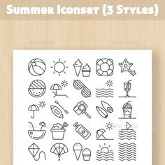 the summer iconset 3 styles are shown in black and white on a piece of paper