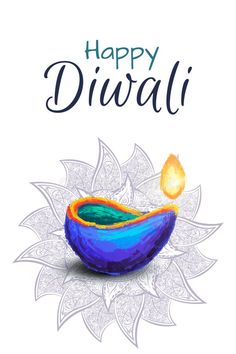 happy diwali greeting card with an image of a blue bowl filled with liquid