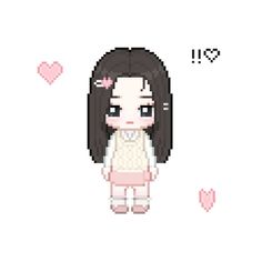 a pixel art girl with long black hair and white dress, standing in front of hearts