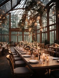 a long table with candles and flowers in front of a large glass window filled with lots of windows