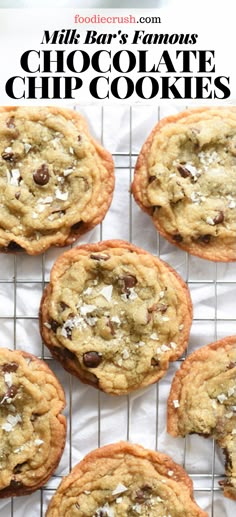 chocolate chip cookies on a cooling rack with text overlay that reads milk bar's famous chocolate chip cookies