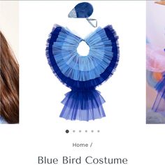 the blue bird costume is being displayed in three different pictures, including one woman's head