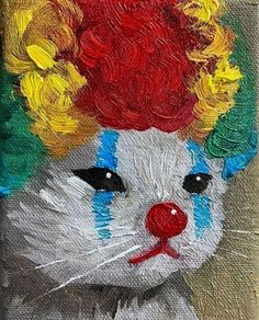 a painting of a cat with red hair and clown makeup