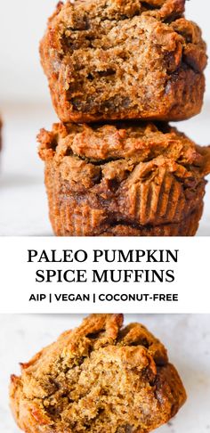 pumpkin banana muffins are stacked on top of each other with text overlay