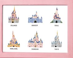 a pink frame with disney castle pictures on it and the words disneyland written in different languages