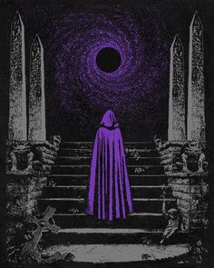 a purple cloaked figure standing at the bottom of stairs