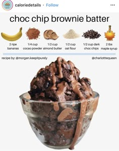 chocolate chip brownie batter in a glass bowl with ingredients to make it look like they are