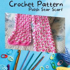 the crochet pattern is shown with scissors and yarn