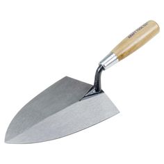 a trowel with a wooden handle is shown on a white background and has a wood handle in the shape of a shovel