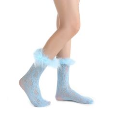 Be bold and stand out with these Destiny Feather Trim Lace Crew Socks! These raiment-ready beauties have the perfect amount of y2k vibes, and can pull up to mid calf or slouch, so you can 'flex' your style in any way you please. Semi-sheer nylon socks patterned in all-over crochet style lace. Hand-sewed feather trim just screams glam. Complete with a stretchy spandex cuff. So whether you're feeling more 'short and sweet' or edgy and elongated, these pastel blue aesthetic socks will take you stra Trendy Blue Knee-high Socks For Winter, Trendy Stretch Blue Socks, Trendy Blue Socks For Winter, Trendy Blue Winter Socks, Blue Stretch Socks For Spring, Stretch Blue Socks For Spring, Trendy Blue Stretch Stockings, Trendy Stretch Blue Stockings, Trendy Blue Socks For Spring