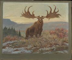 an oil painting of a moose with large antlers