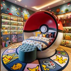 the bedroom is decorated in pokemon themed decor